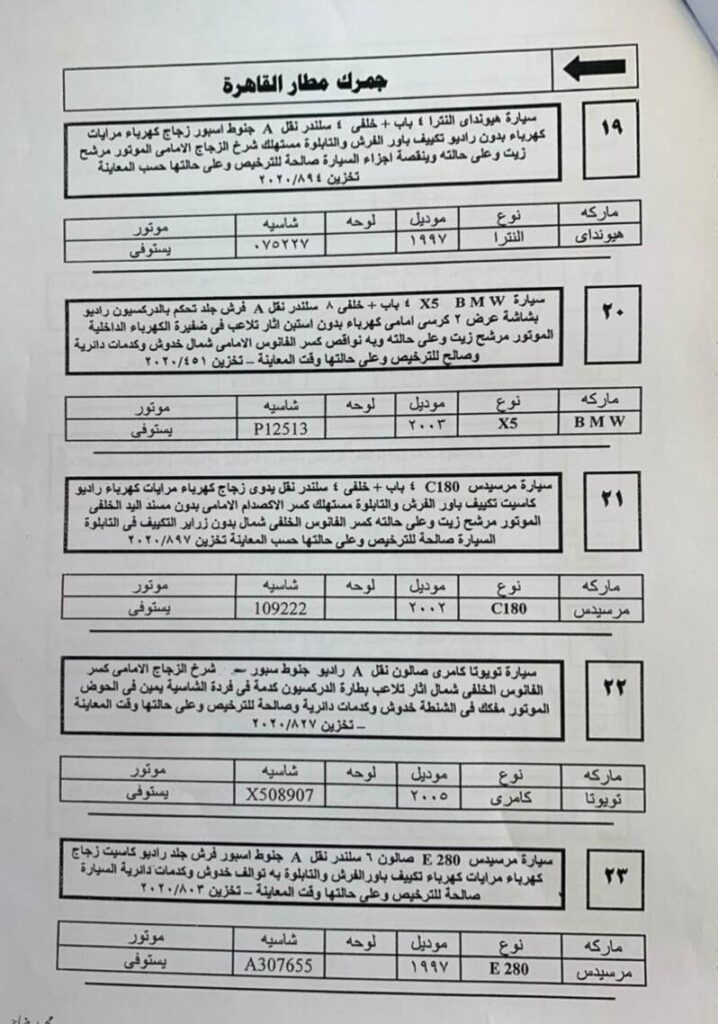 تفاصيل سيارات مزاد مطار القاهره 18 نوفمبر2020